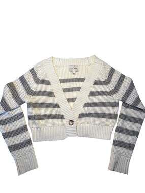 Pink Rose Grey and White Striped Cropped One-Button Cardigan Sweater